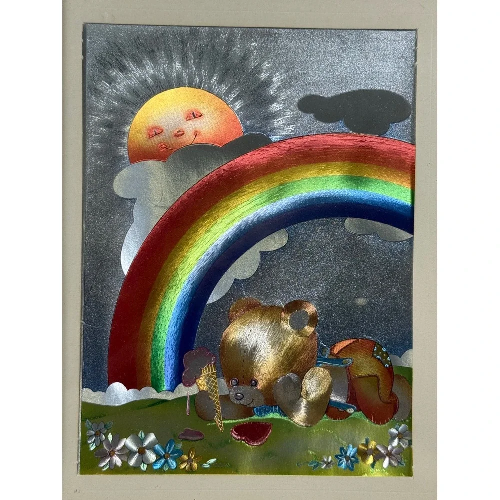 VTG DUFEX FOIL Art Framed Picture Teddy Bear Rainbow Sun Nursery Kid Decor 8x10